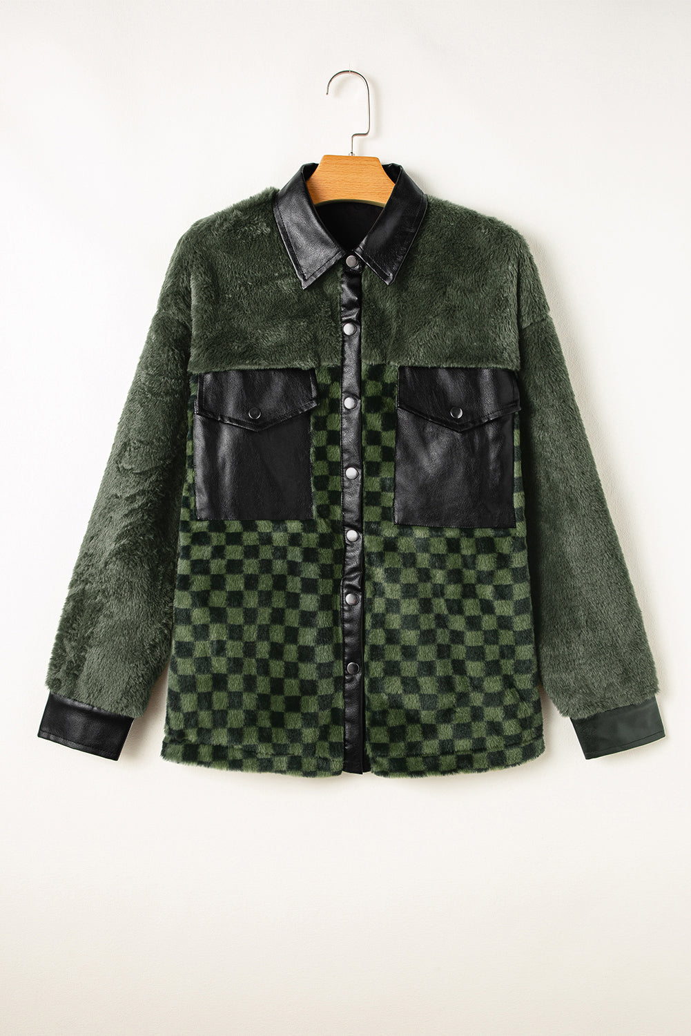 Vineyard Green Fleece Checkerboard Flap Pocket Snap Button Jacket