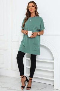 Gray Side Pockets Short Sleeve Tunic Top