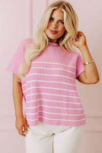 Pink Stripe Ribbed Loose Plus T Shirt