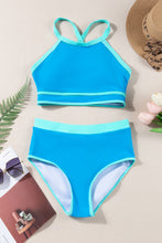 Load image into Gallery viewer, Blue Contrast Trim Crisscross Back High Waisted Bikini
