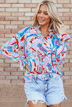 Load image into Gallery viewer, Pink Abstract Print Frilly Neck Ruffled Sleeve Blouse
