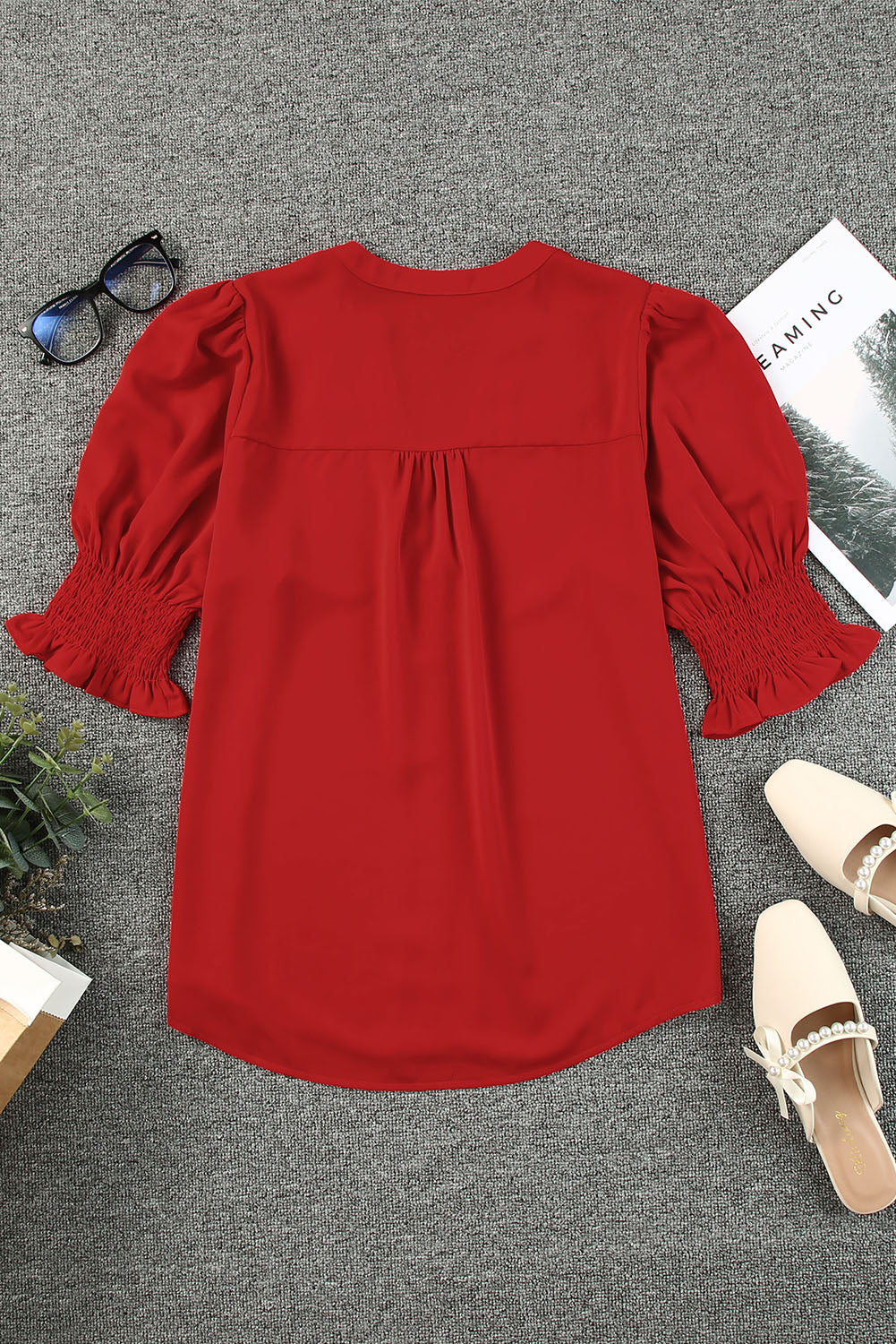 Apricot Solid Color Half Sleeve V Neck Blouse