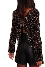 Load image into Gallery viewer, Chicory Coffee Sequin Long Sleeve Cutout Back Top
