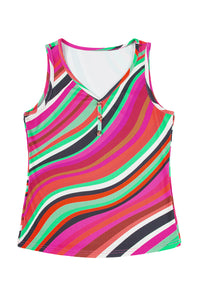 Purple Wavy Striped Buttoned V Neck Tank Top