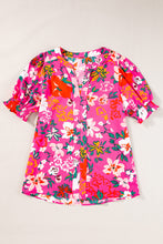 Load image into Gallery viewer, Rose Floral Printed Split V Neck Puff Sleeve Blouse
