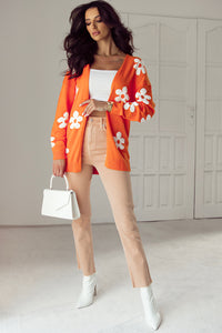 Orange Floral Print Knitted Open Front Loose Cardigan