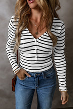 Load image into Gallery viewer, White Stripe Slim Fit Buttoned V Neck Long Sleeve T Shirt
