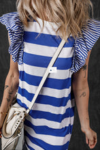 Load image into Gallery viewer, Sky Blue Stripe Contrast Ruffled Sleeve T-shirt Dress
