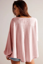 Load image into Gallery viewer, Light Pink Waffle V Neck Long Sleeve Drop Shoulder Loose Blouse
