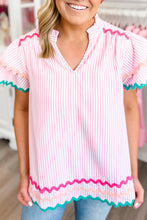 Load image into Gallery viewer, Sky Blue Stripe Ricrac Trim Split Neck Striped Ruffled Sleeve Blouse
