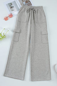 Light Grey Multi Pockets Lace-up High Waist Wide Leg Workout Pants