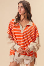 Load image into Gallery viewer, Orange Stripe Color Block Loose Fit Collared Drop Shoulder Sweatshirt
