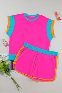 Rose Red Colorblock Patchwork Cap Sleeve Top Plus Size Shorts Set