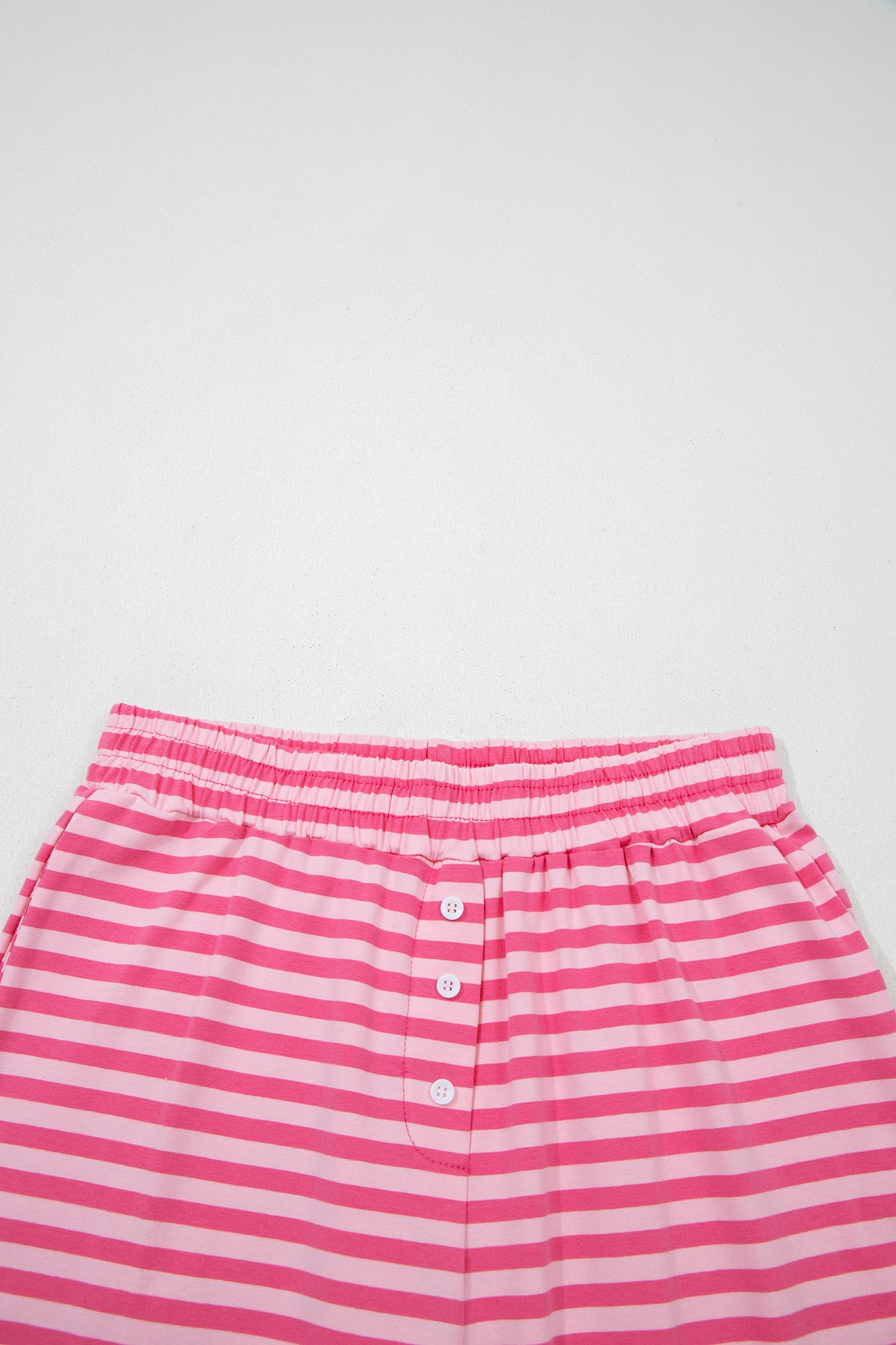 Pink Stripe Drop Shoulder Round Neck Top and Buttoned Straight Pants Two Piece Set