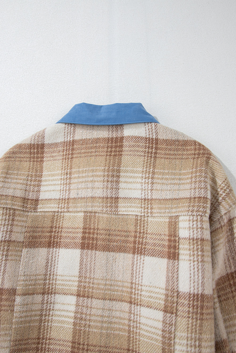 Light French Beige Plaid Patchwork Flap Detail Button Up Shacket