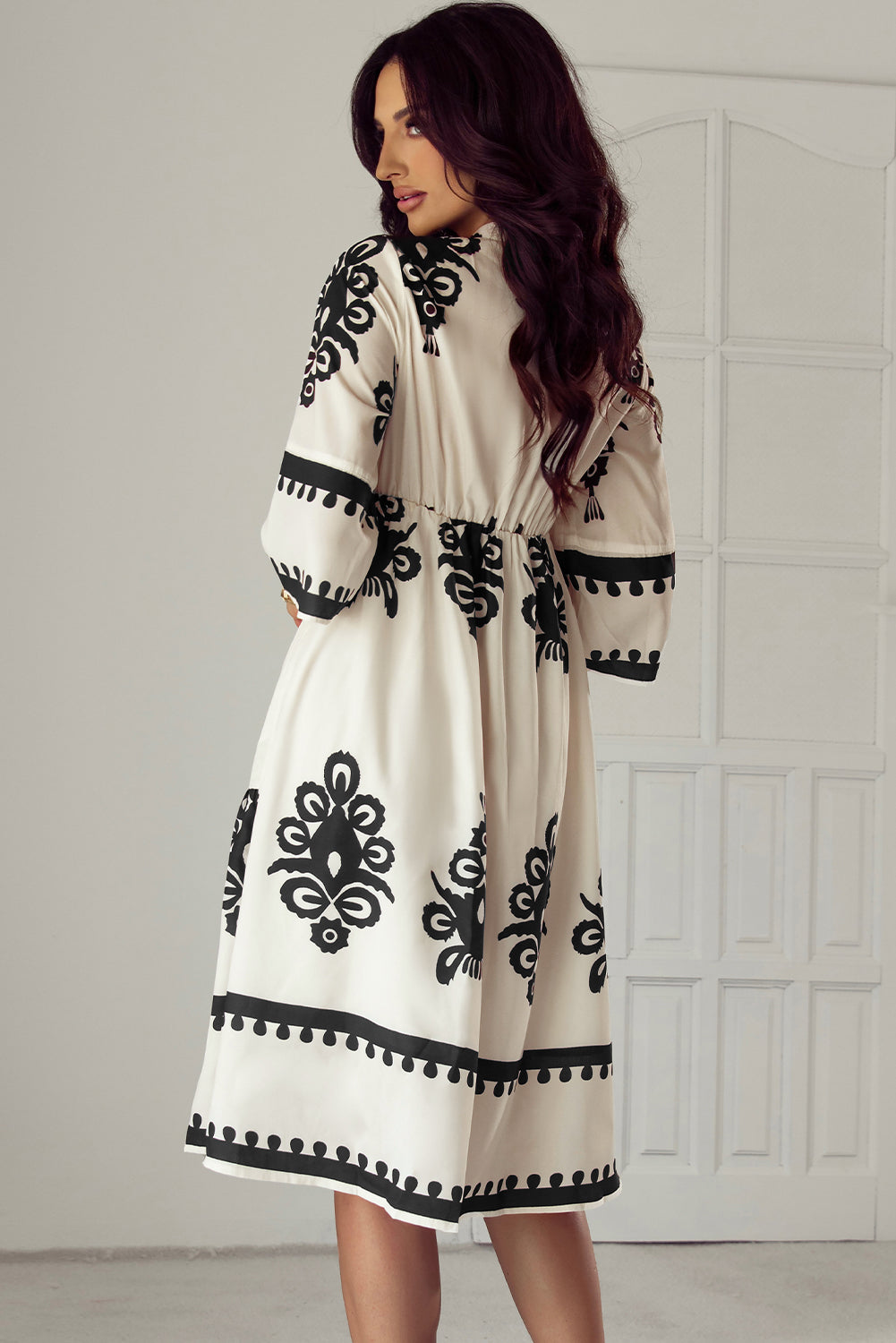 Beige Western Geometric Print 3/4 Sleeve Loose Midi Dress Addicted2Stuff Beige Western Geometric Print 3/4 Sleeve Loose Midi Dress Addicted2Stuff