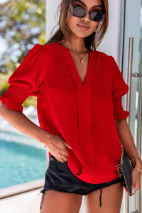 Apricot Solid Color Half Sleeve V Neck Blouse