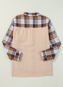 Khaki Thermal Knit Plaid Patchwork Shacket