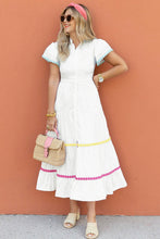 Load image into Gallery viewer, White Colorblock Rickrack Trim Short Sleeve Drawstring Waist Long Dress
