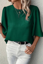 Load image into Gallery viewer, Blackish Green Solid Color Satin Keyhole Back Wide Sleeve Blouse
