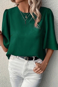 Blackish Green Solid Color Satin Keyhole Back Wide Sleeve Blouse