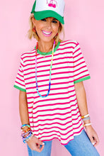 Load image into Gallery viewer, Rose Stripe Contrast Trim Crew Neck Loose Short Sleeve Top
