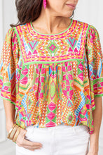 Load image into Gallery viewer, Orange Geometric Print Bell Sleeve O Neck Babydoll Blouse
