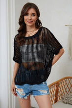 Load image into Gallery viewer, Apricot Fishnet Knit Ribbed Round Neck Short Sleeve Sweater Tee
