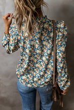 Load image into Gallery viewer, Sky Blue Floral Print Frilled Mock Neck Puff Sleeve Blouse
