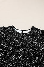 Load image into Gallery viewer, Black Dotted Ruffle Sleeve Crew Neck Ruched Blouse
