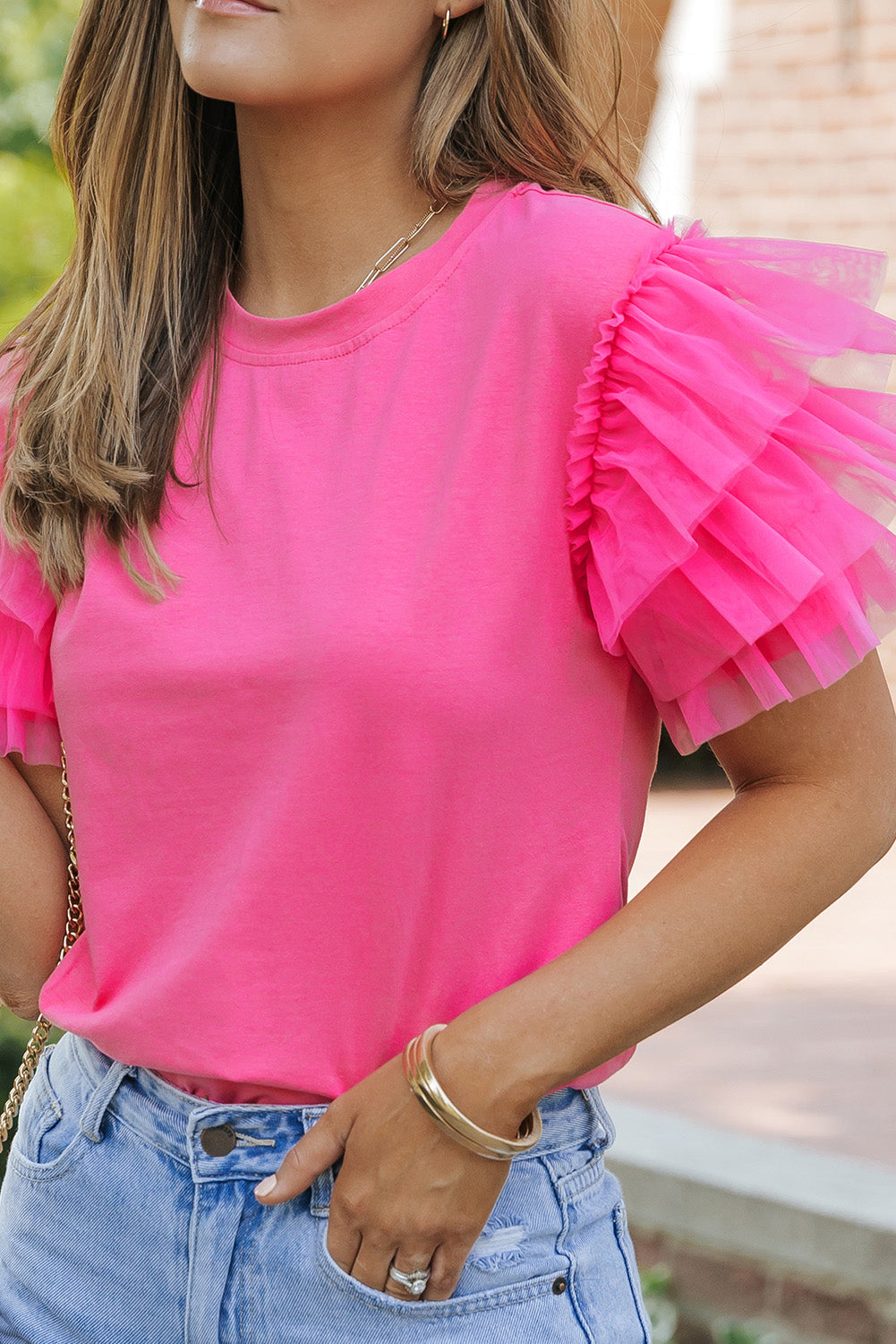 Fiery Red Tulle Ruffle Sleeve Top