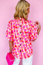 Load image into Gallery viewer, Pink Abstract Print Button Back Ruffed High Neck Blouse
