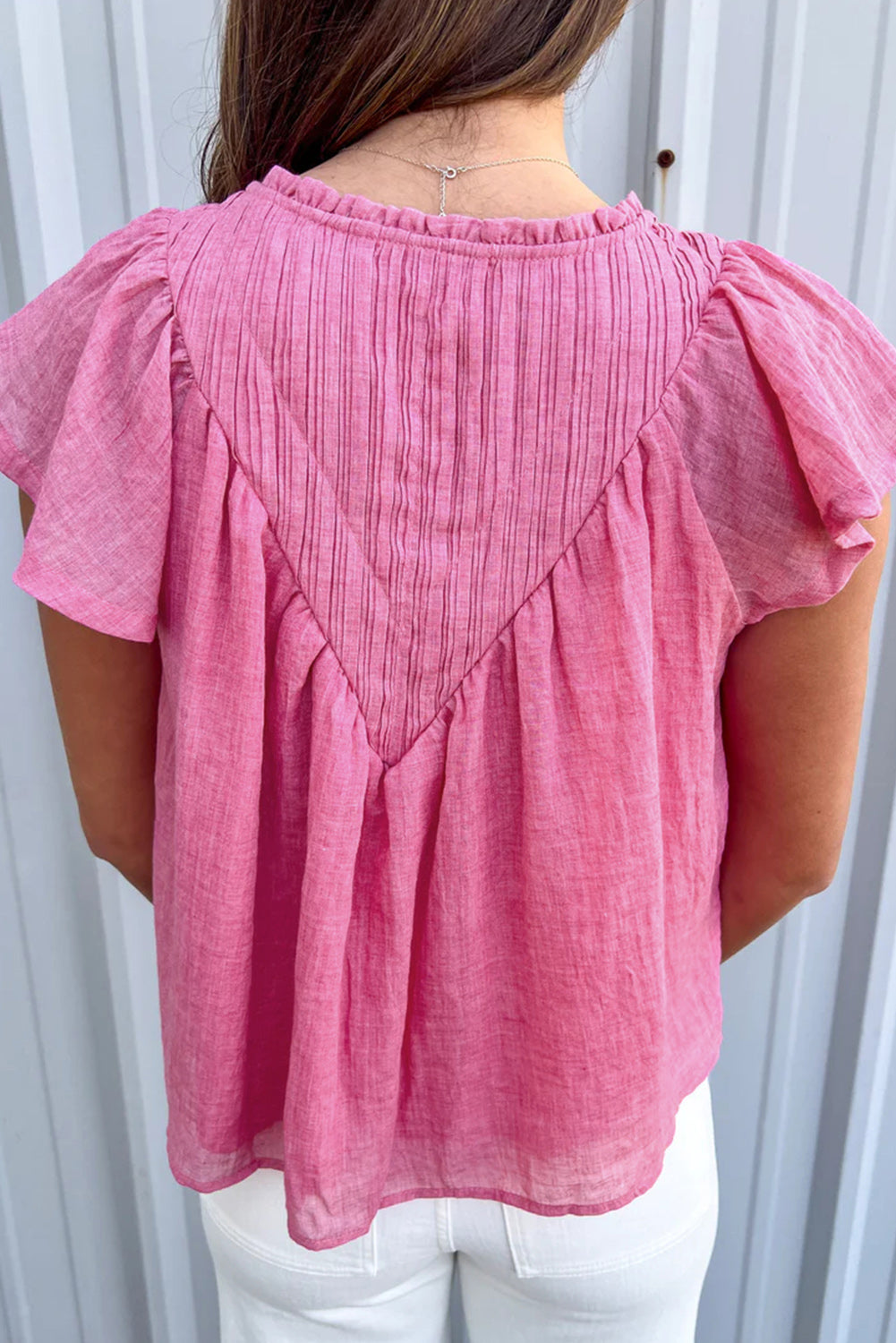 Bright Pink Textured Split Neck Patchwork Flutter Gauze Blouse