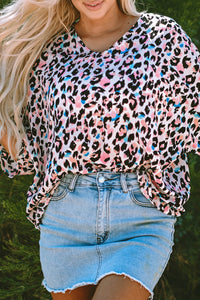 Pink Multicolor Leopard Print V Neck Oversized Blouse