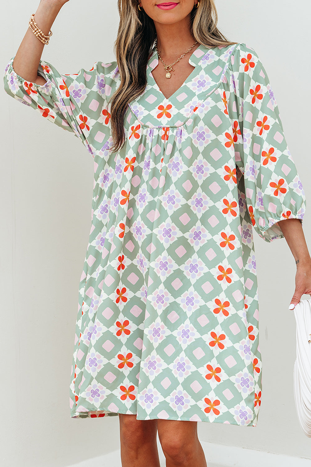 Green Geometric Floral Print 3/4 Sleeve Notched Neck Mini Dress