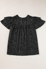 Load image into Gallery viewer, Black Dotted Ruffle Sleeve Crew Neck Ruched Blouse
