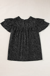 Black Dotted Ruffle Sleeve Crew Neck Ruched Blouse