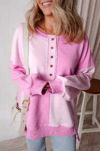 Pink Colorblock Henley High Low Oversize Sweatshirt