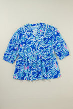 Load image into Gallery viewer, Blue Mix Floral Printed Lace Detail Bracelet Sleeve Blouse
