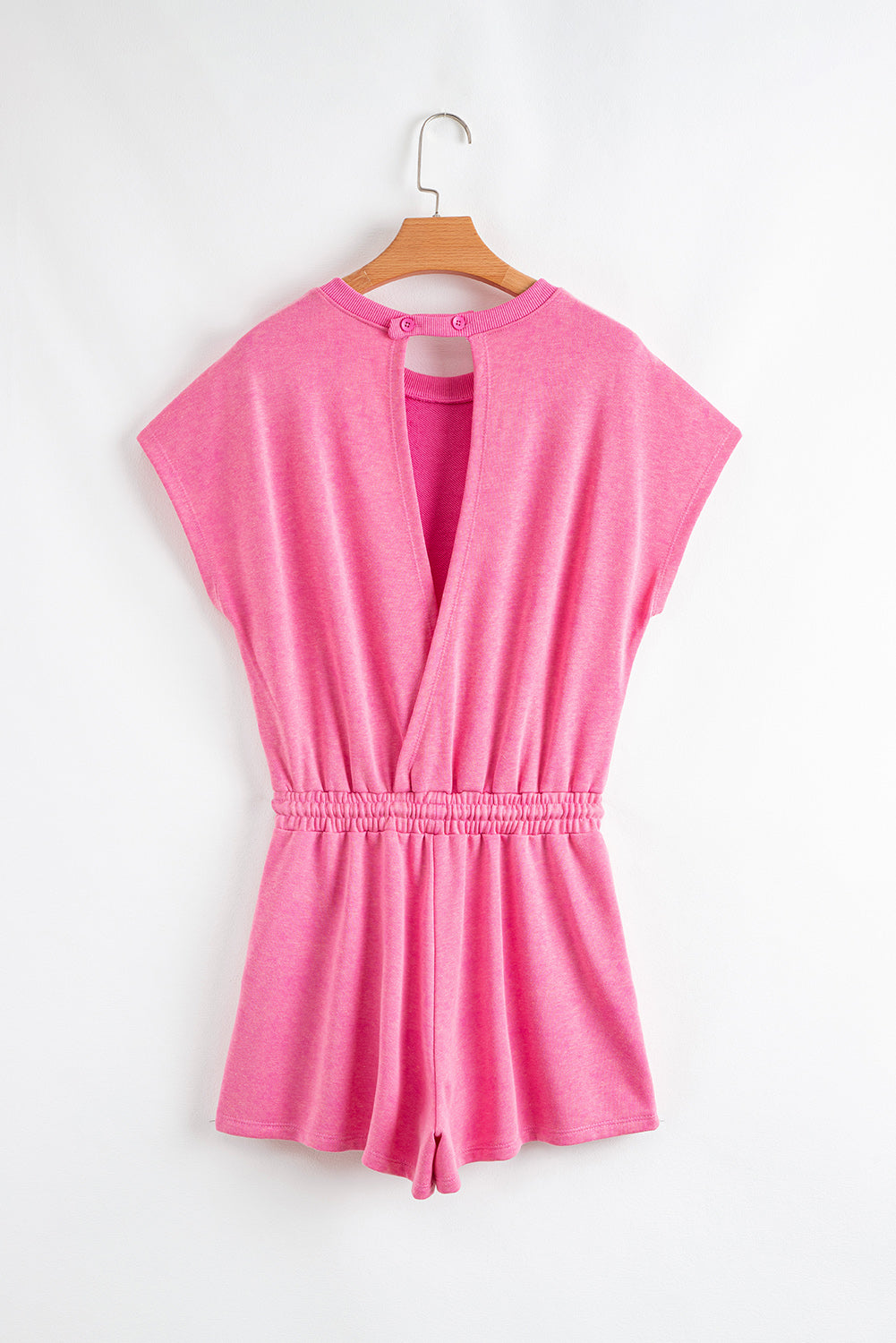 Mist Blue Mineral Wash Drawstring Waist Hollow Out Back Short Sleeve Romper