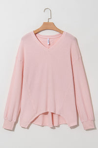 Light Pink Waffle V Neck Long Sleeve Drop Shoulder Loose Blouse