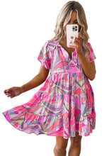 Load image into Gallery viewer, Pink Abstract Geometric Print Tassel Tie Flared Dress
