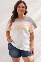 Load image into Gallery viewer, White Colorblock Patchwork Batwing Sleeve Ribbed Plus T Shirt
