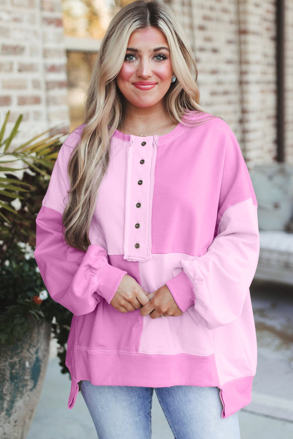 Pink Colorblock Henley High Low Oversize Sweatshirt