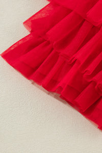 Fiery Red Tulle Ruffle Sleeve Top