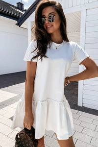 White Frilly Splicing Hem Short Sleeve Casual Dress