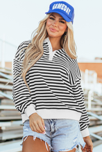 Load image into Gallery viewer, White Stripe Color Block Buttoned Crew Neck Oversized Sweatshirt
