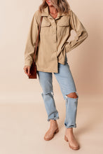 Load image into Gallery viewer, Light French Beige Solid Frilled Flap Pocket Button Up Corduroy Shacket
