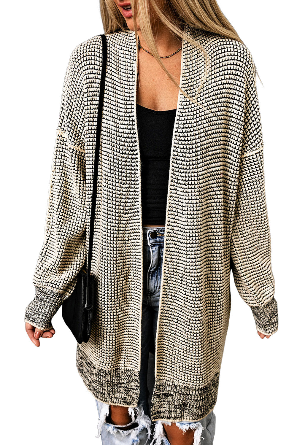 Yellow Plaid Knitted Long Open Front Cardigan