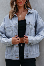 Load image into Gallery viewer, Sky Blue Stripe Washed Oversize Pocketed Denim Jacket
